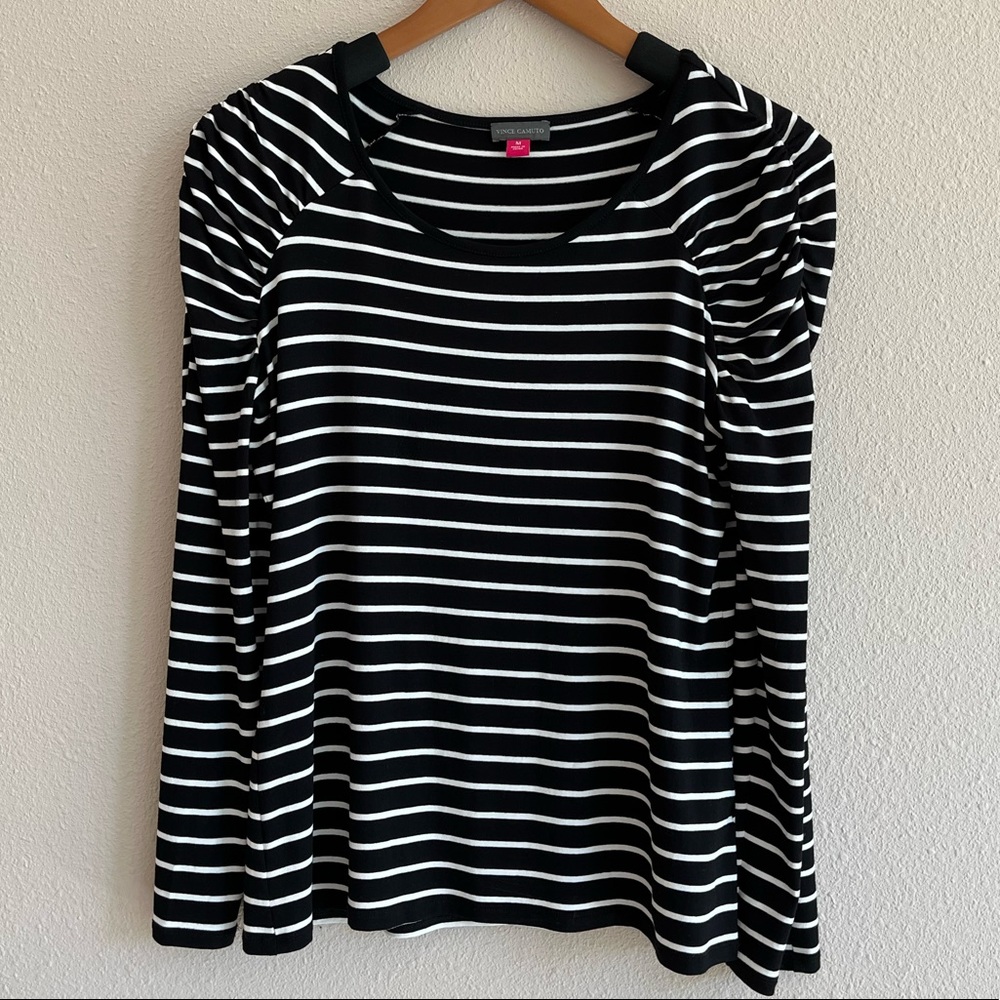 Vince Camuto Black and White Stripped Blouse with Gathering at the Shoulder